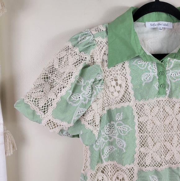 Sofie The Label Carmine Green Cream Crochet Puff Short Sleeve Mini Dress - Picture 10 of 13